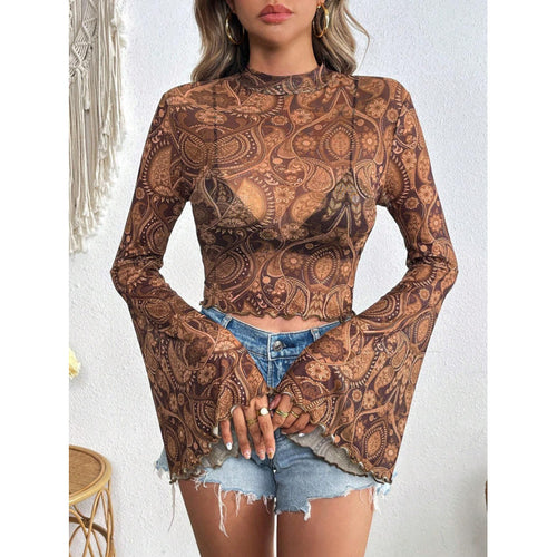 Damen modisches Langarm-Top mit weit geschnittenen Ärmeln und edlem Paisley-Muster EB
