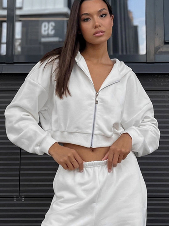 Damen Cropped-Zipper-Kapuzenjacke mit taillenhohen Fransen-Shorts Lounge-Set EB