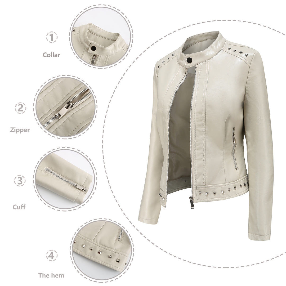 Damen nan kurze taillierte Kunstlederjacke mit Stehkragen Zwei-Wege-Reißverschluss und Ziernietensaum EB