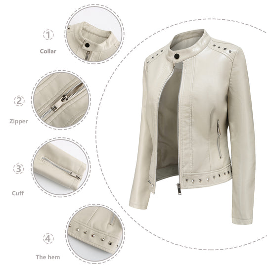 Damen nan kurze taillierte Kunstlederjacke mit Stehkragen Zwei-Wege-Reißverschluss und Ziernietensaum EB