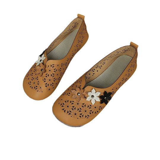 Damen nan flache Ballerina-Pantoffel mit Laserperforation und dreidimensionaler Blumenapplikation EB