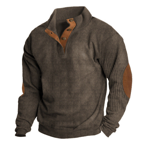 Herren nan grober Rippstrick-Pullover mit Stehkragen, Knopfleiste und markanten Ellenbogenpatches EB
