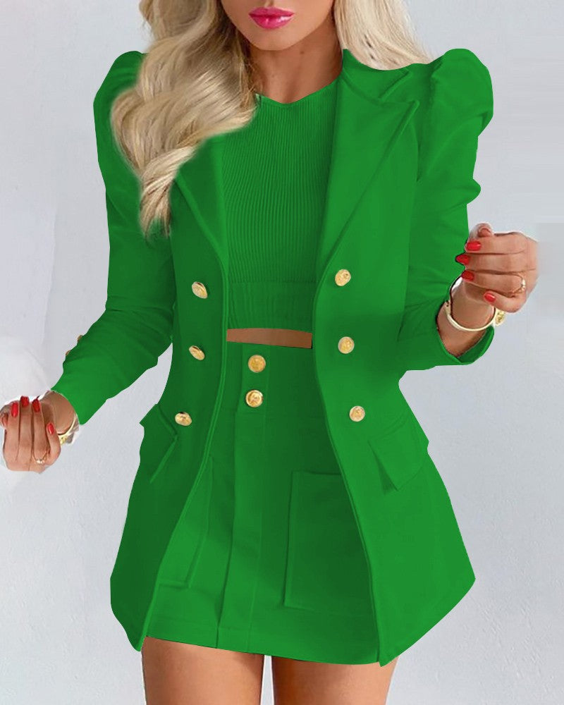 Damen Zweiteiliges karriertes Blazer- und Minirock-Set mit betonten Puffärmeln und goldenen Knöpfen EB
