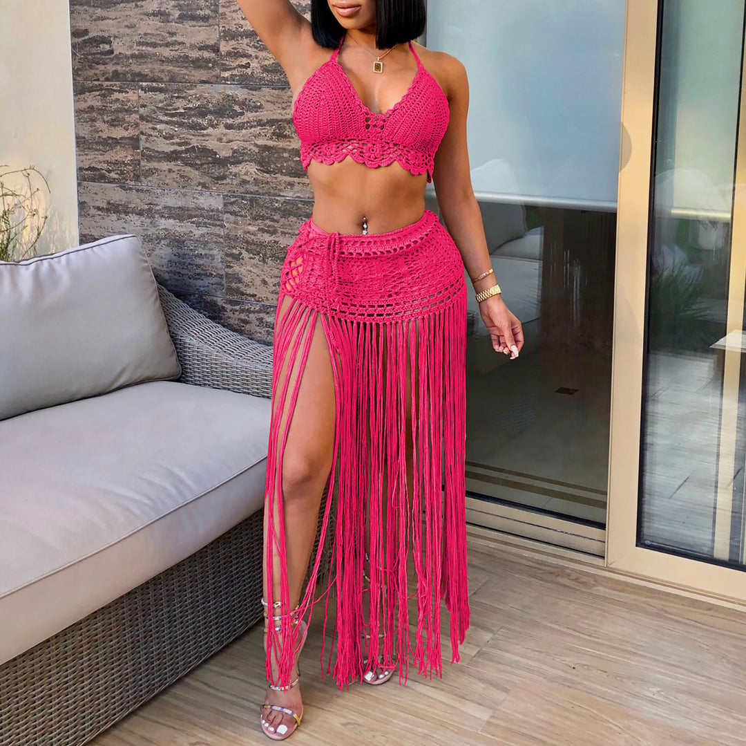 Damen gehäkeltes Strand-Outfit mit fransigen Details EB
