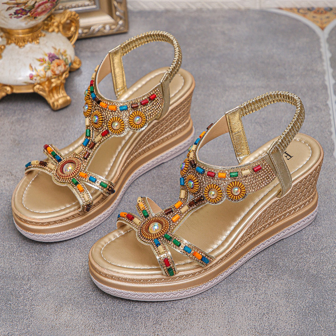 Damen Komfortable Wedge-Sandalen mit Dekorativem Schmuck EB