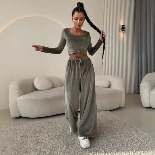 Damen Samt-Loungewear-Set mit Cropped-Langarmshirt und hoher Taillen-Palazzohose EB