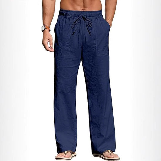 Herren nan leichte Leinenhose mit elastischem Bund, Kordelzug und aufgesetzten Taschen EB