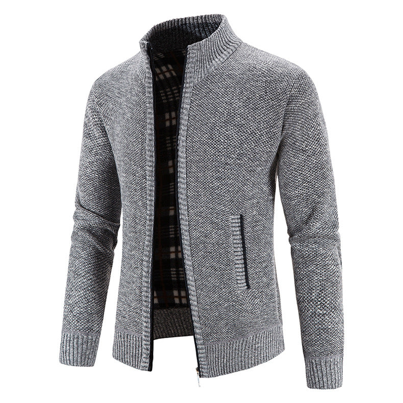 Herren nan Strickjacke mit durchgehendem Reißverschluss, Stehkragen und kariertem Futter EB