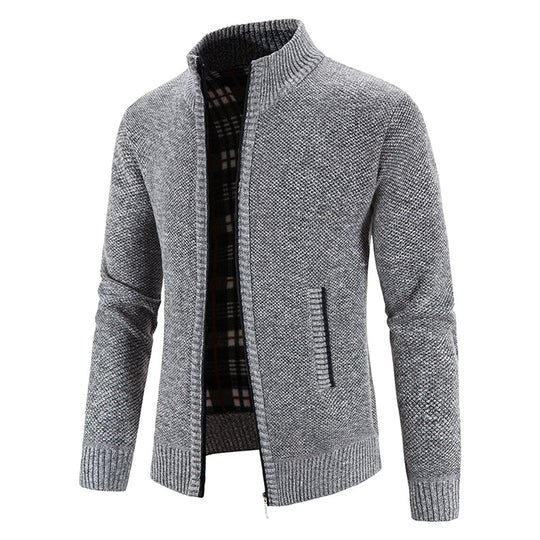 Herren nan Strickjacke mit durchgehendem Reißverschluss, Stehkragen und kariertem Futter EB