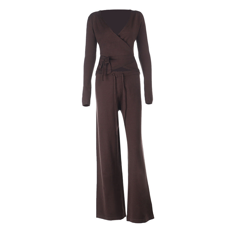 Damen lockerer Jumpsuit mit Wickeldesign und langen Ärmeln EB