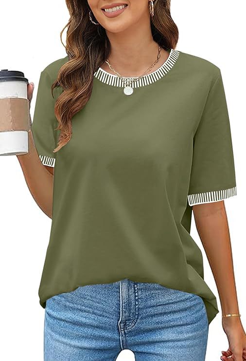 Damen Lässiges Kurzarm-Shirt mit Modischem Streifenkragen EB