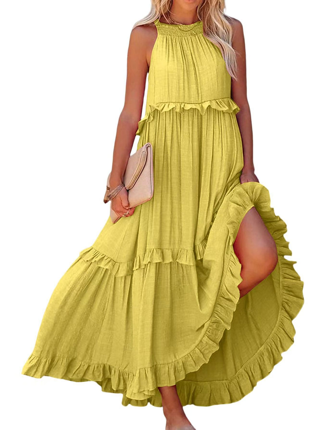 Damen Luftiges Maxikleid mit Rüschendetails und hoher Taille EB