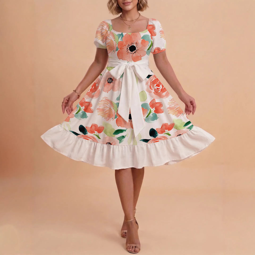 Damen Sommerliches Blumenkleid mit taillierbarem Gürtel und voluminösen Ärmeln EB