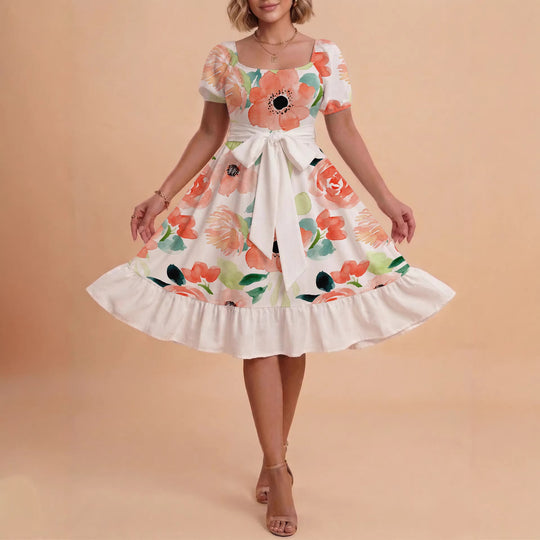 Damen Sommerliches Blumenkleid mit taillierbarem Gürtel und voluminösen Ärmeln EB