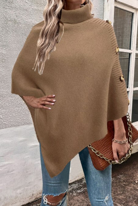 Damen Strick-Poncho mit hohem Kragen und Knopfdetails EB