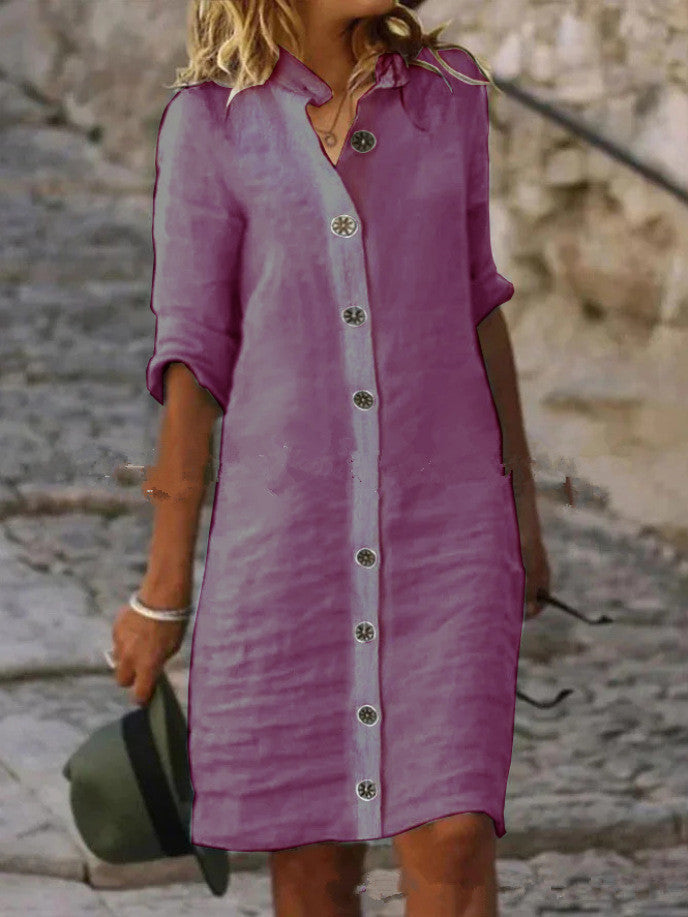 Damen Leinenhemdkleid mit Knopfleiste und umschlagbaren Ärmeln EB