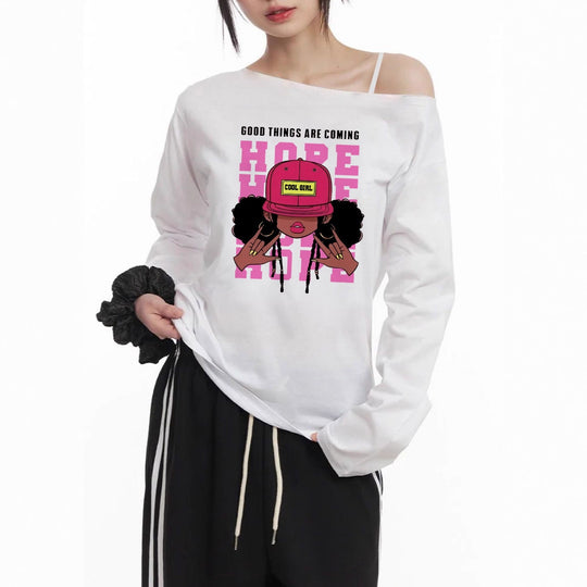 Damen nan lässiges Off-Shoulder Langarmshirt mit großflächigem Cartoon-Grafikprint und elastischem Baumwollmix EB