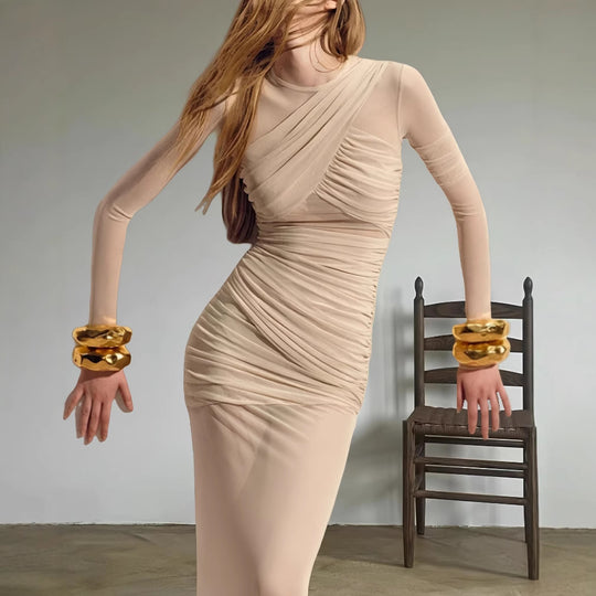 Damen Figurbetontes Wickelkleid mit raffinierten Drapierungen und langem Arm EB