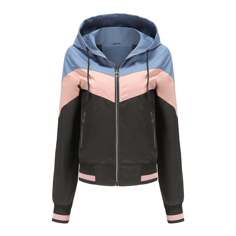 Damen nan leichte Windbreaker-Jacke mit Kapuze, Blockpaneel-Design, Reißverschlusstaschen und elastischem Saum EB