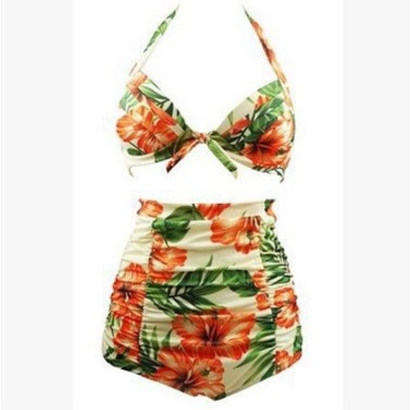 Damen Hoch tailliertes Bikini-Set mit floralem Design und Raffungen EB