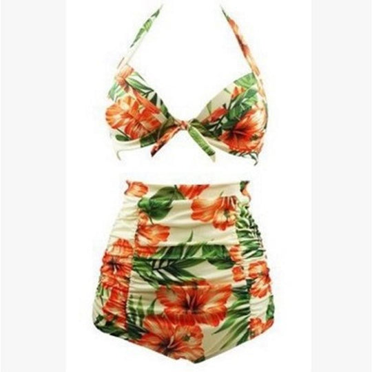 Damen Hoch tailliertes Bikini-Set mit floralem Design und Raffungen EB