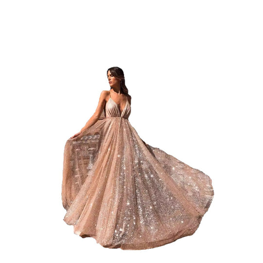 Damen Glamouröses Abendkleid mit tiefem V-Ausschnitt und strahlenden Pailletten EB