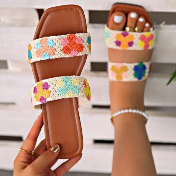Damen Bunte Flauscher Slides mit floralem Design EB