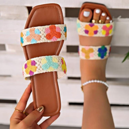 Damen Bunte Flauscher Slides mit floralem Design EB