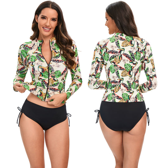 Damen Sportlicher Langarm-Rashguard mit buntem Tier- und Blattmuster EB