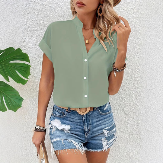 Damen Kurze Bluse mit Stehkragen und Knopfverschluss EB