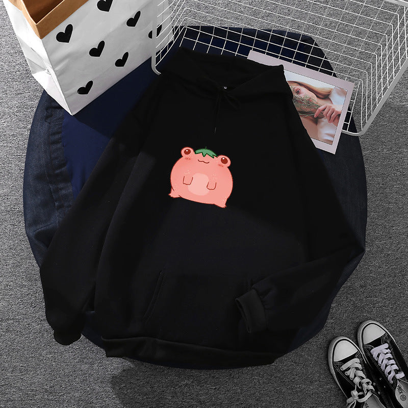 Damen nan oversized Kapuzenpullover aus Microfleece mit Cartoonfrosch-Motiv und Kängurutasche EB