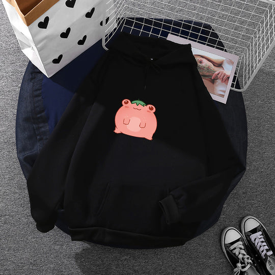 Damen nan oversized Kapuzenpullover aus Microfleece mit Cartoonfrosch-Motiv und Kängurutasche EB
