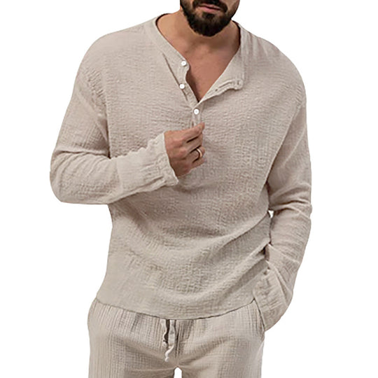 Herren nan entspanntes Henley-Set aus leichter Baumwoll-Gauze mit Kordelbundhose EB