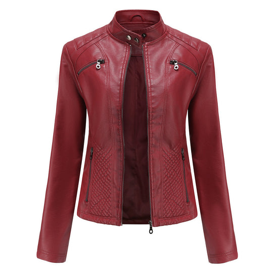 Damen nan taillierte Bikerjacke aus Kunstleder mit Stepppaneelen und Stehkragen EB