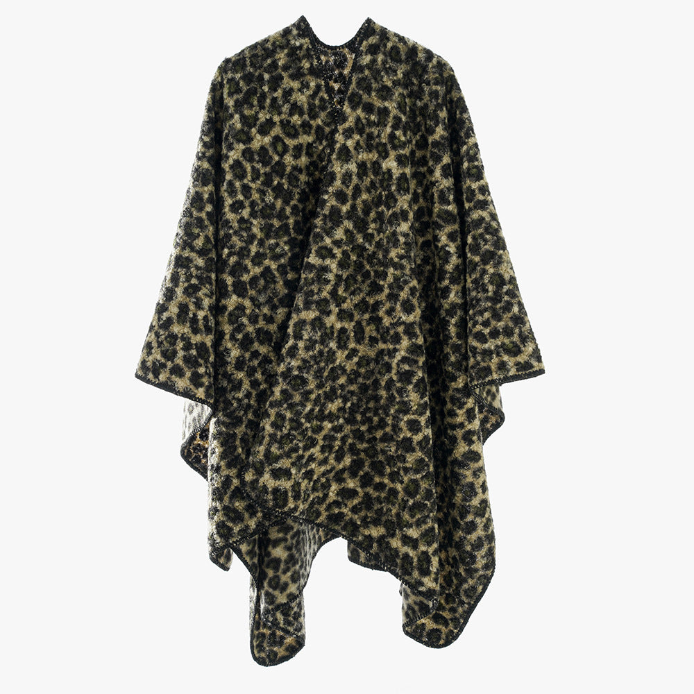 Damen Rechteckiger Wickel‑Ruana mit Leoparden‑Bouclé und feiner Kettelung EB