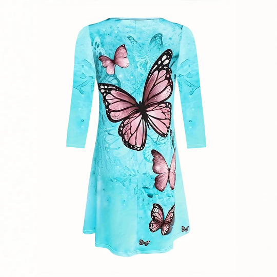 Damen Freizeitkleid mit floralem Schmetterlingsdesign und lockerer Passform EB
