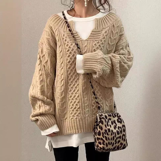 Damen Grobstrickpullover mit V-Ausschnitt und modischem Zopfdesign EB