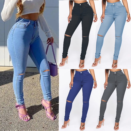 Damen High-Waist Jeans mit modischem Destroyed-Detail EB