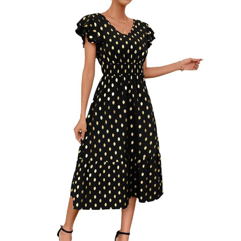 Damen Maxikleid mit Rüschendetails und schimmerndem Punktmuster EB
