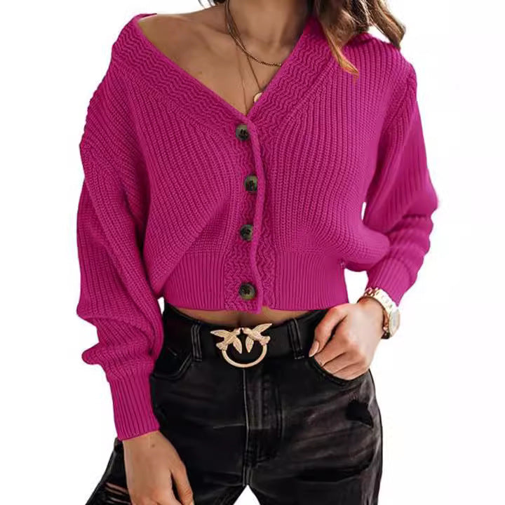 Damen lässiger Strickpullover mit tiefem V-Ausschnitt und Knopfdetails EB