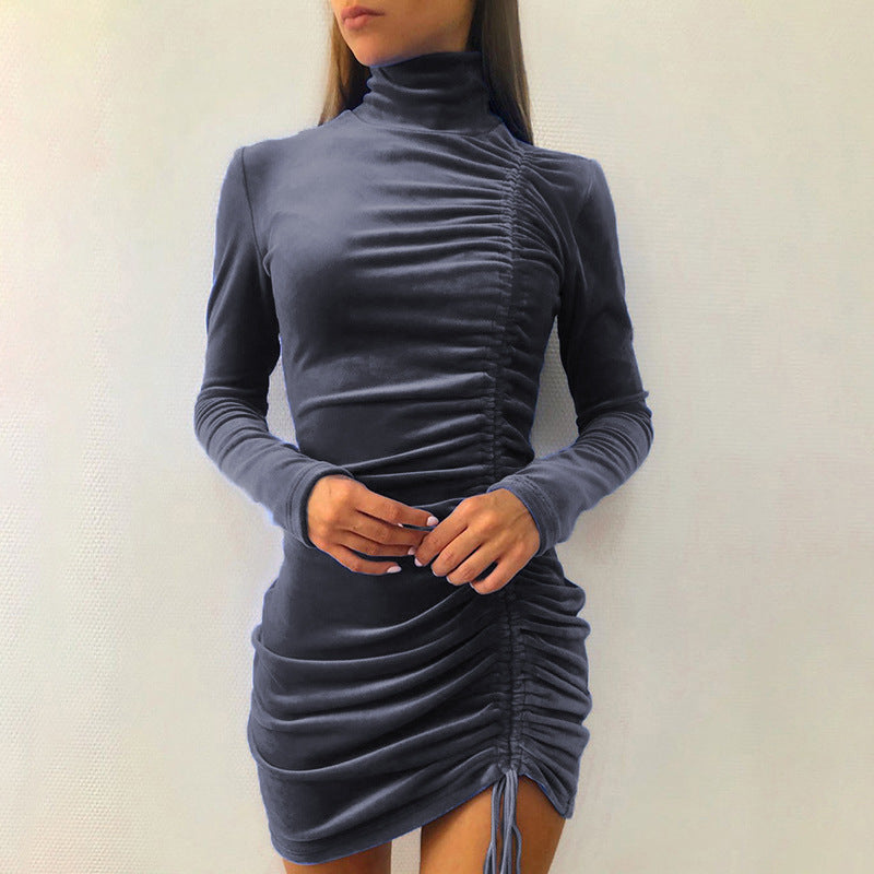 Damen elegantes Samt-Minikleid mit hohem Kragen und raffiniertem Raffungseffekt EB