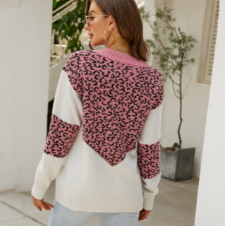 Damen Modischer Pullover mit einzigartigem Leopardenmuster und V-Ausschnitt EB