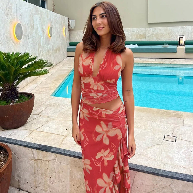 Damen Elegantes Maxikleid mit offenem Rücken und floralen Akzenten EB