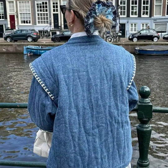 Damen bestickte Blousonjacke mit leichtem Baumwollmaterial und praktischen Taschen EB