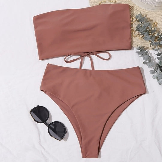 Damen Bandeau-Bikini Set mit hochgeschnittenem Slip EB