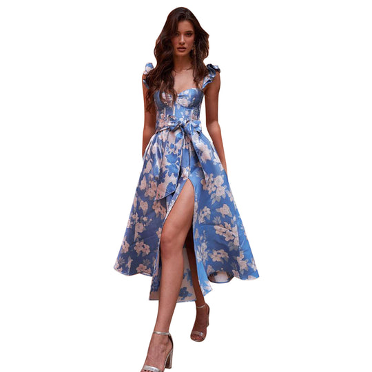 Damen Blumenkleid mit Taillengürtel und Rüschendetails EB