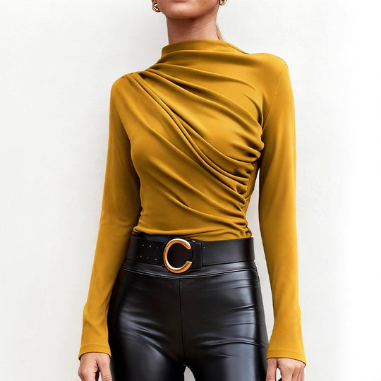 Damen elegantes Langarmshirt mit luxuriösem Drapierungsdesign und schickem Stehkragen EB