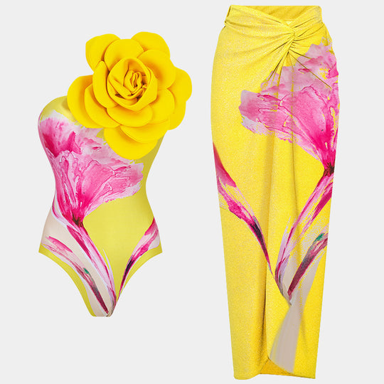 Damen Einteiler Badeanzug mit floralem Design und elegantem Wickelrock EB