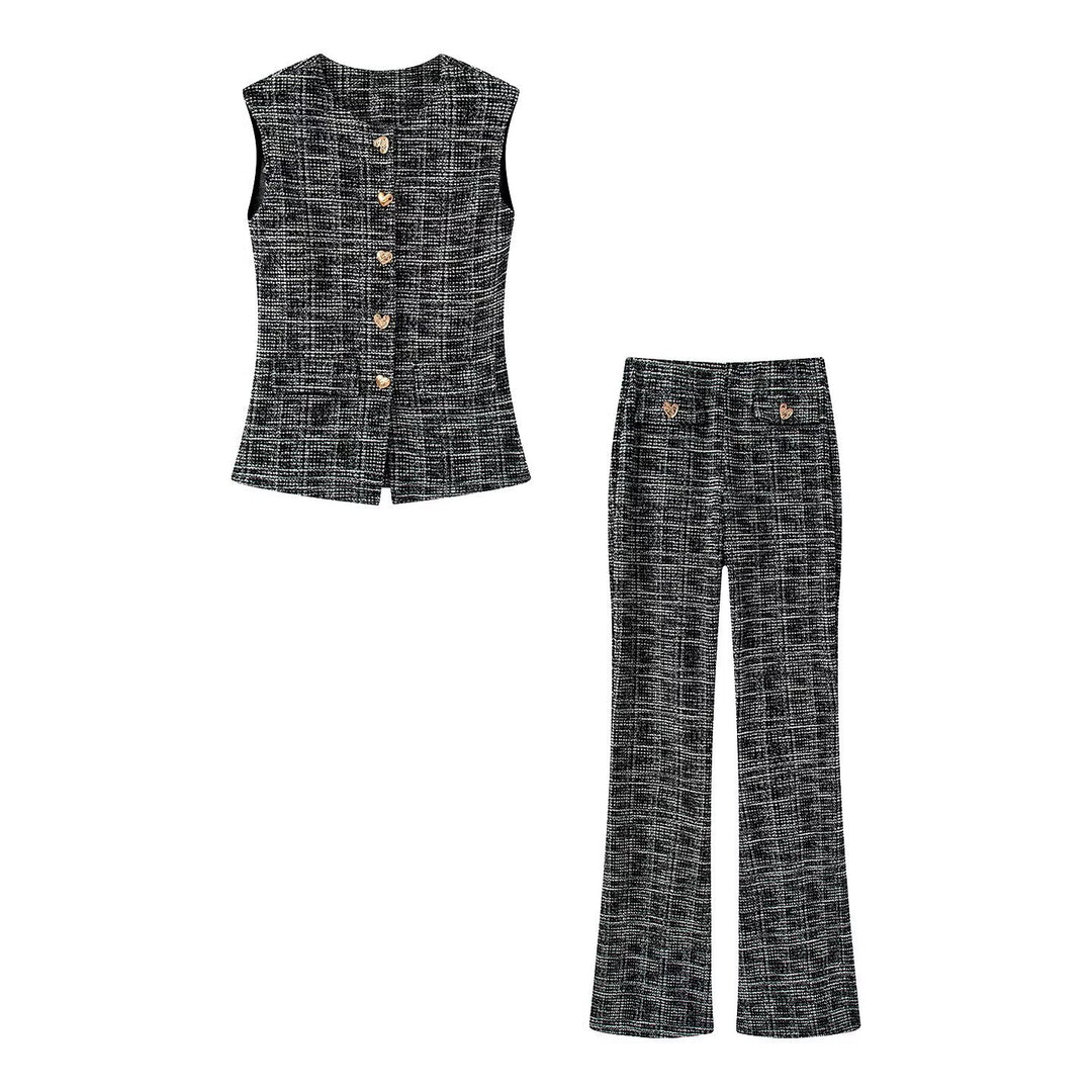 Damen elegante Karohose mit schmalem Schnitt und dekorativen Knöpfen EB