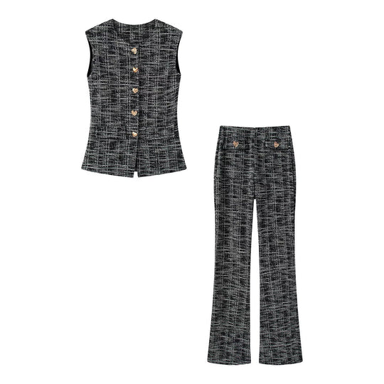 Damen elegante Karohose mit schmalem Schnitt und dekorativen Knöpfen EB